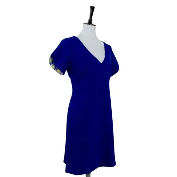 Betsey Johnson Dress V-Neck Blue Empire Waist A-Line Short Sleeve Women's Size 6 - Picture 2 of 12